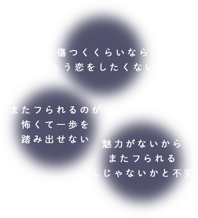 「傷つくくらいならもう恋をしたくない」「またフラれるのが怖くて一歩を踏み出せない」「魅力がないからまたフラれるんじゃないかと不安」